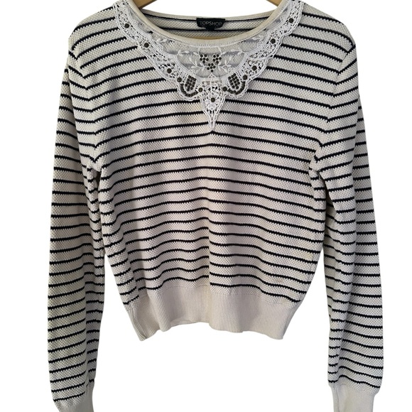 Topshop Sweaters - Topshop Lace Collar Striped Knit Sweater Size 10 Cream Navy Studded Crochet